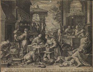 De weelderige veelvraat aan tafel en de bedelaar Lazarus uit de serie Keukenscènes door Jan Sadeler